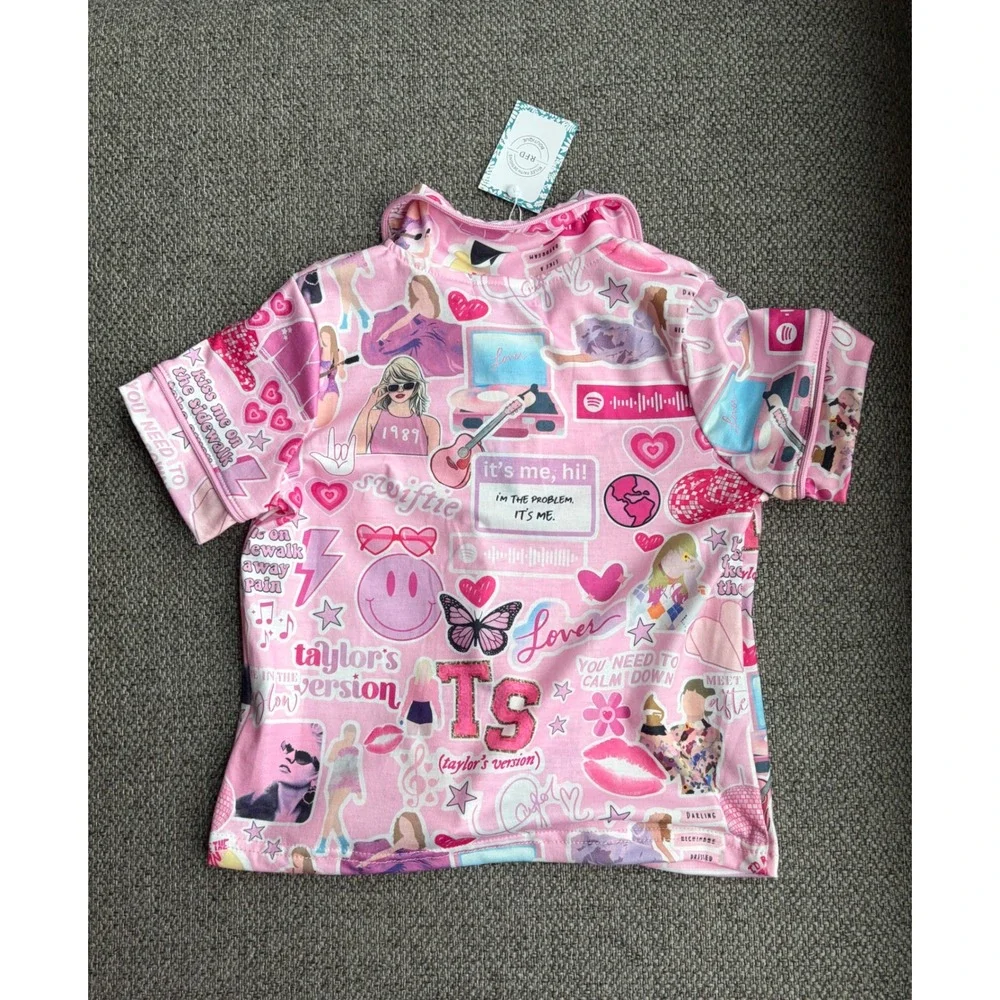 Rylee Faith Designs Kids Pink Swiftie Inspired Pajama Set‎ Size 4 NWT